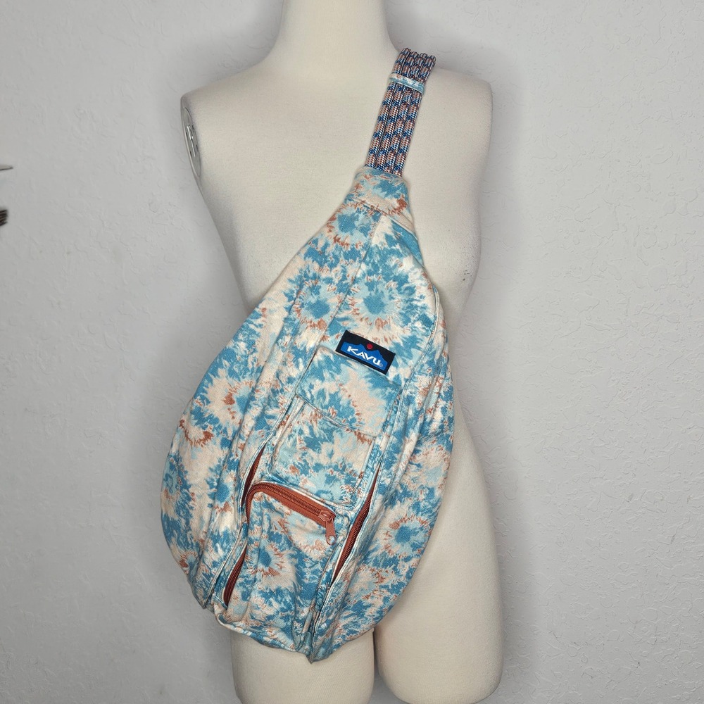 KAVU Rope Bag Sunburst Blue Cream Rust Canvas Sling Backpack Crossbody Boho